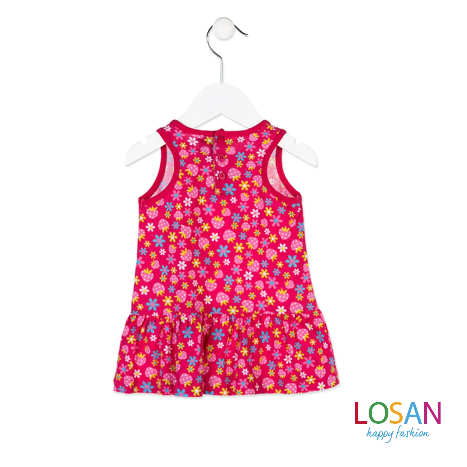 Losan - Vestito Baby Bimba Smanicato Fiori Fragole Fucsia - Image 2